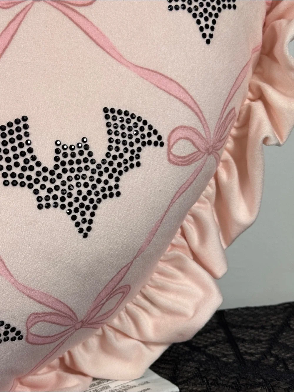 NEW Trick Or Chic Pink Heart with Bedazzled Bats Halloween Pillow